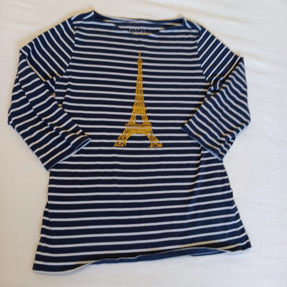 Simply Styled Sz XL Blue and White Sttiped Blouse With Eiffel Tower